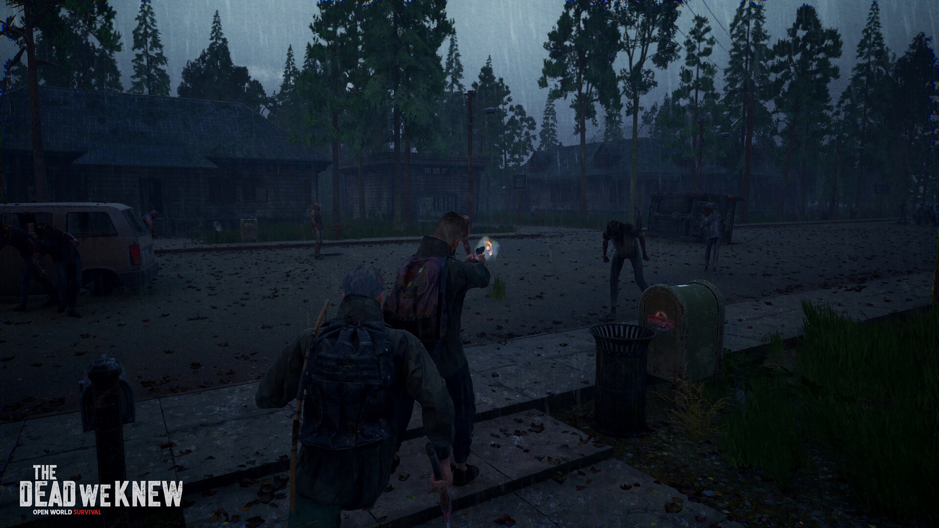 Two characters in a rainy abandoned street swarmed by zombies in THE DEAD WE KNEW: Open World Survival, with the game logo visible at the bottom-left.