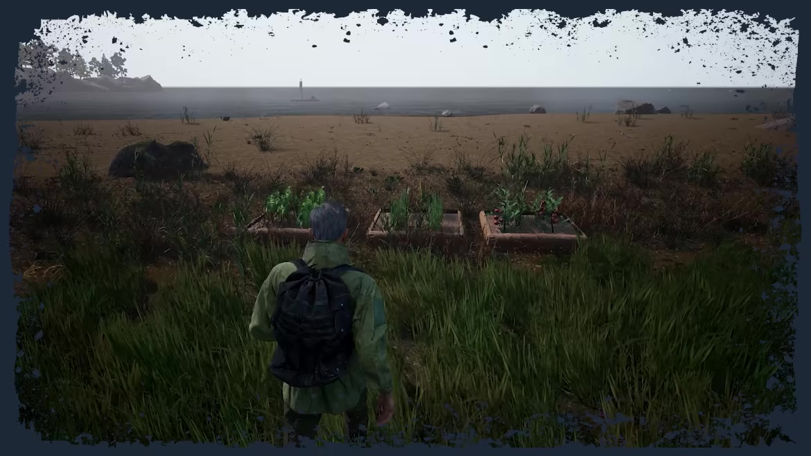 Character standing in front of three raised garden beds growing vegetables beside a shoreline in THE DEAD WE KNEW: Open World Survival.