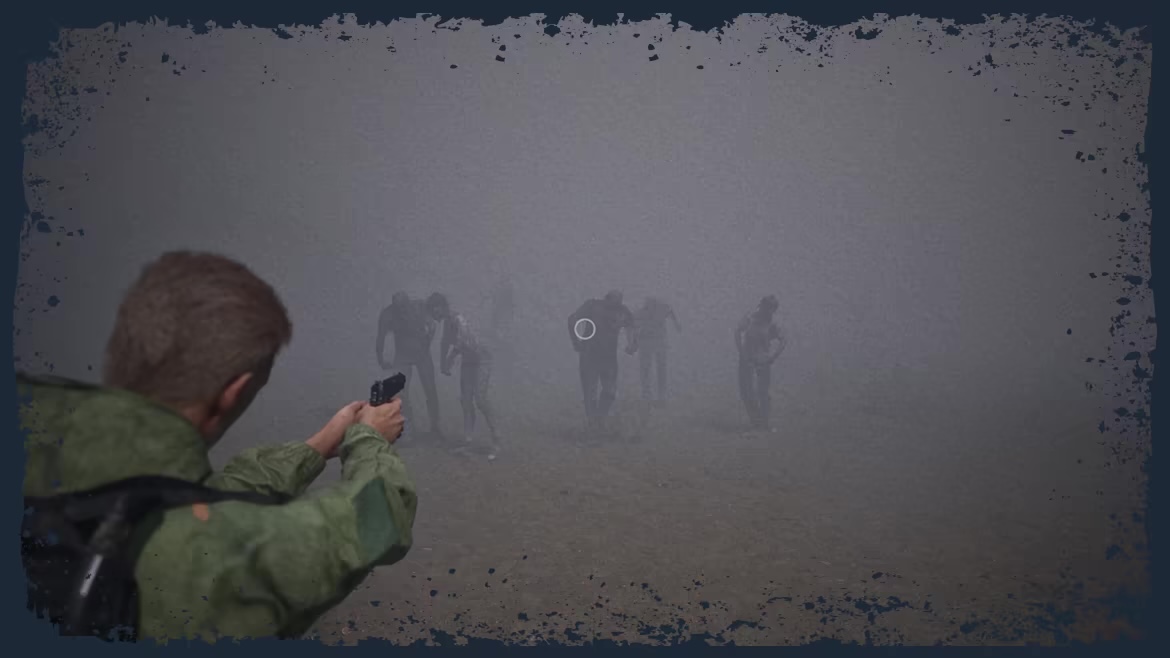 Multiple zombies emerging from dense fog as the player aims a pistol in THE DEAD WE KNEW: Open World Survival.