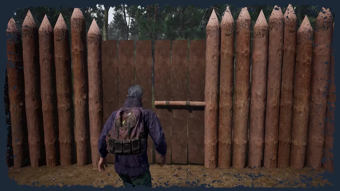 A backpacked character standing in front of sharpened wooden palisade spikes and a closed cabin door in THE DEAD WE KNEW: Open World Survival.